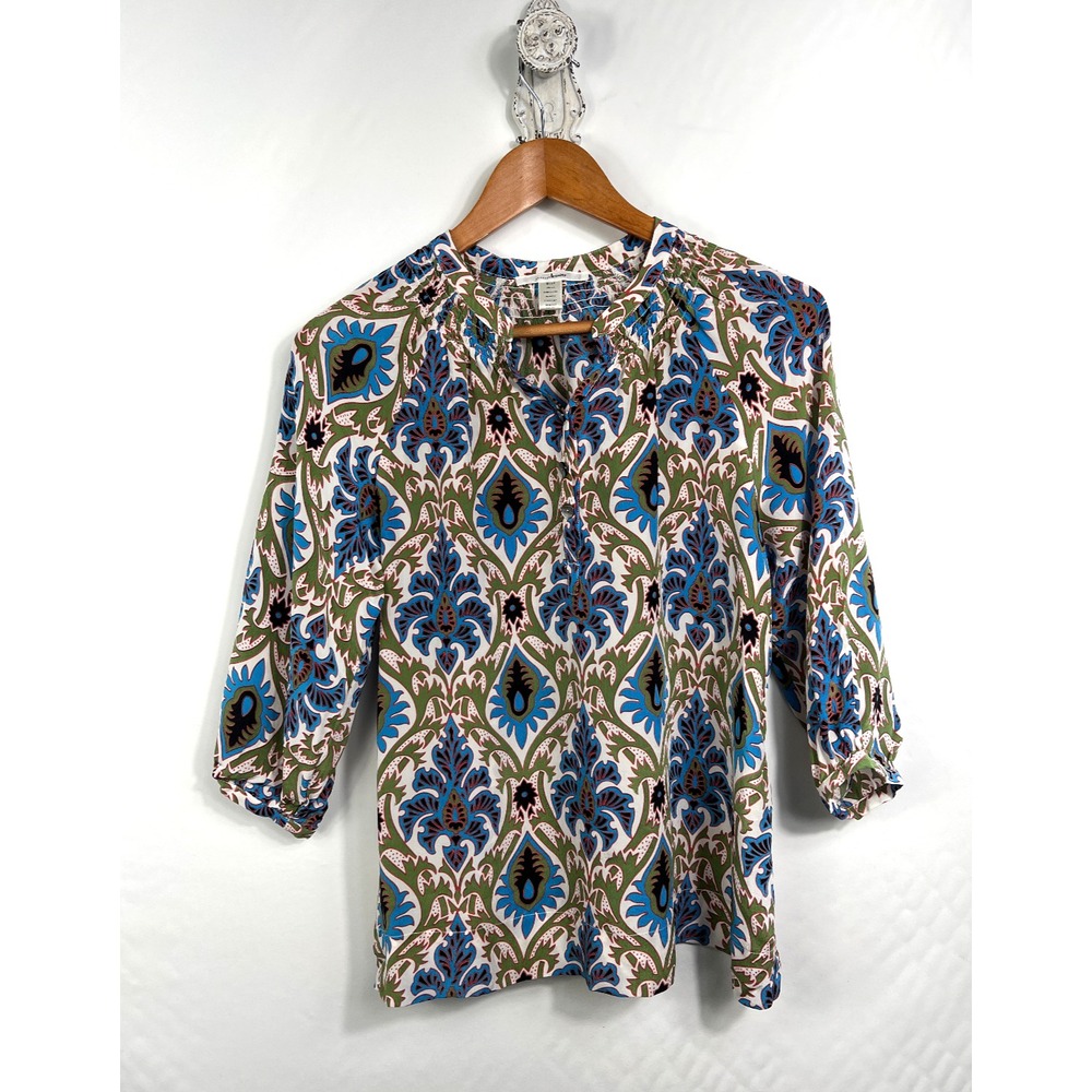 Trinity Blouse Womens Small Green Paisley‎ 100% Silk Smocked Button Front F16B34